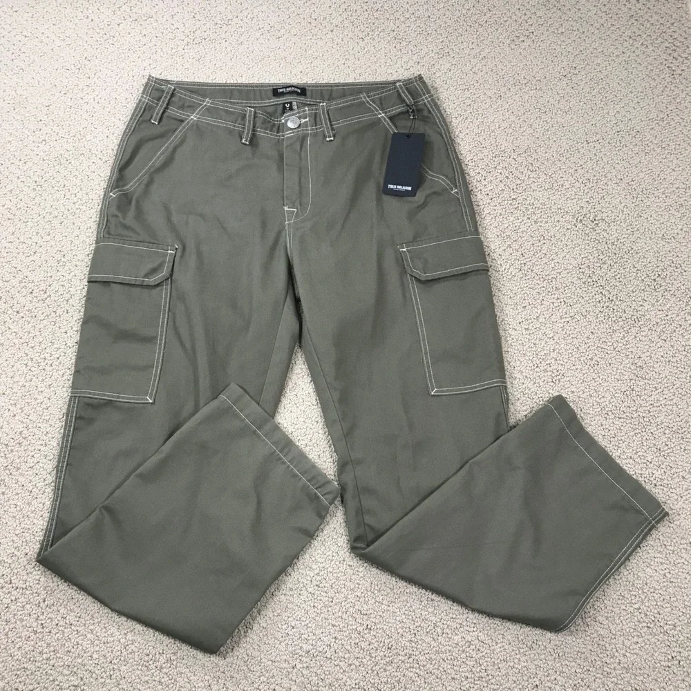 True Religion Mens Kalamata Cargo Pants Olive Green Contrast Stitch Size 32 NWT